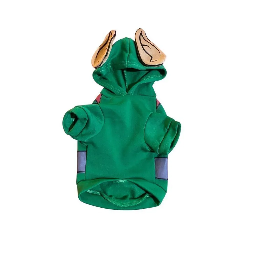 Green pet sweater, Christmas elf who did dog costume so small